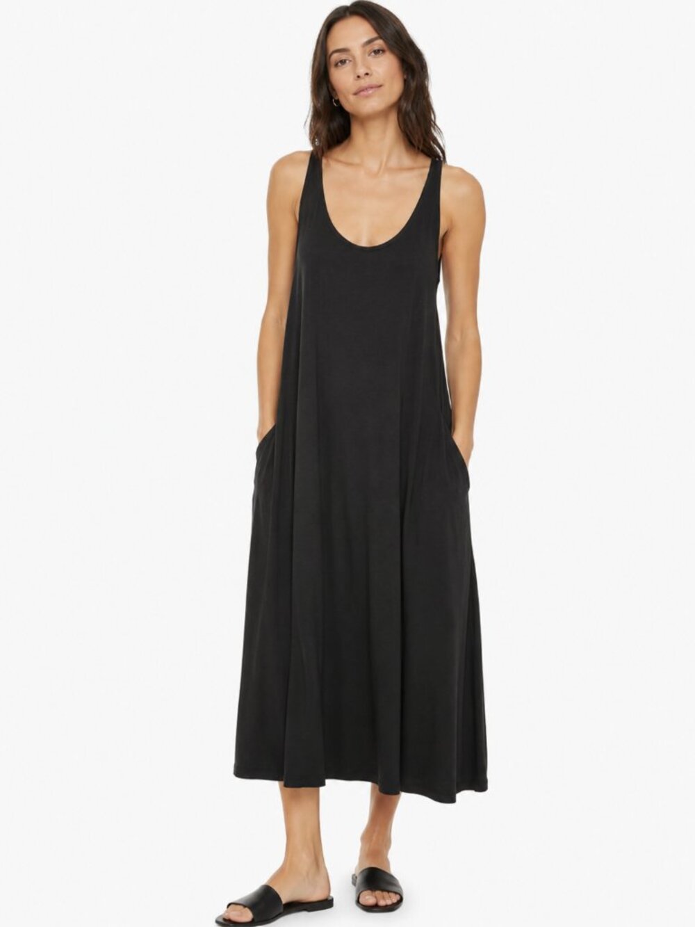 Eileen Fisher System Black Tank Midi Dress Viscose Spandex Pockets Swing Size S
